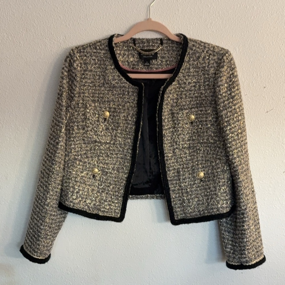 J.CREW Collection Black Gold Tweed Cropped Jacket Sz 8 Gold-tone Buttons Trim